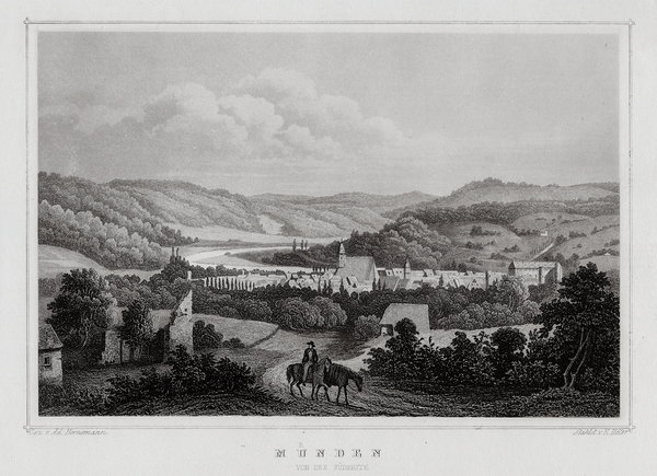 Hann. Münden. von der Südseite. Originaler Stahlstich um 1850